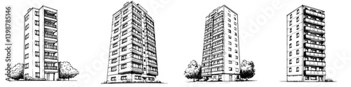 Collection of modern apartment buildings with distinct designs and architectural features