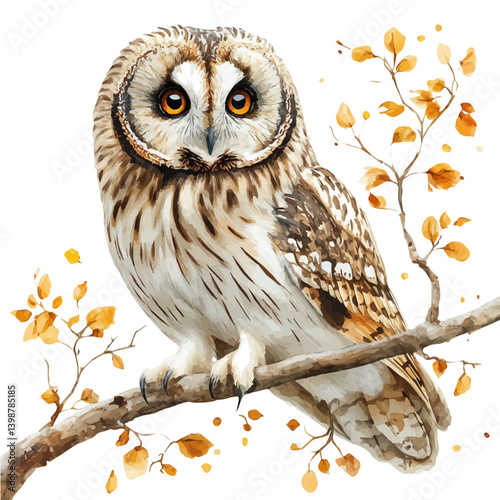 Short-eared owl, watercolor illustration, isolated on a white background.

