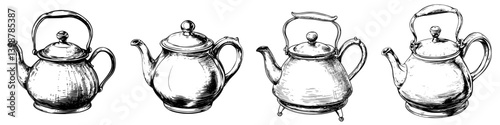 Various vintage teapots displayed in a row showcasing different designs and styles