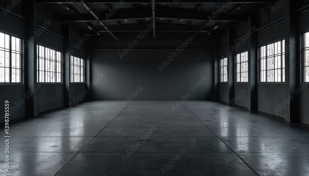 Dark empty modern industrial room with concrete floor, metal beams and large windows. Interior architecture design with urban loft aesthetic. Minimalist style studio space background. Dark empty modern industrial room with concrete floor, metal beams and large windows. Interior architecture design with urban loft aesthetic. Minimalist style studio space background.