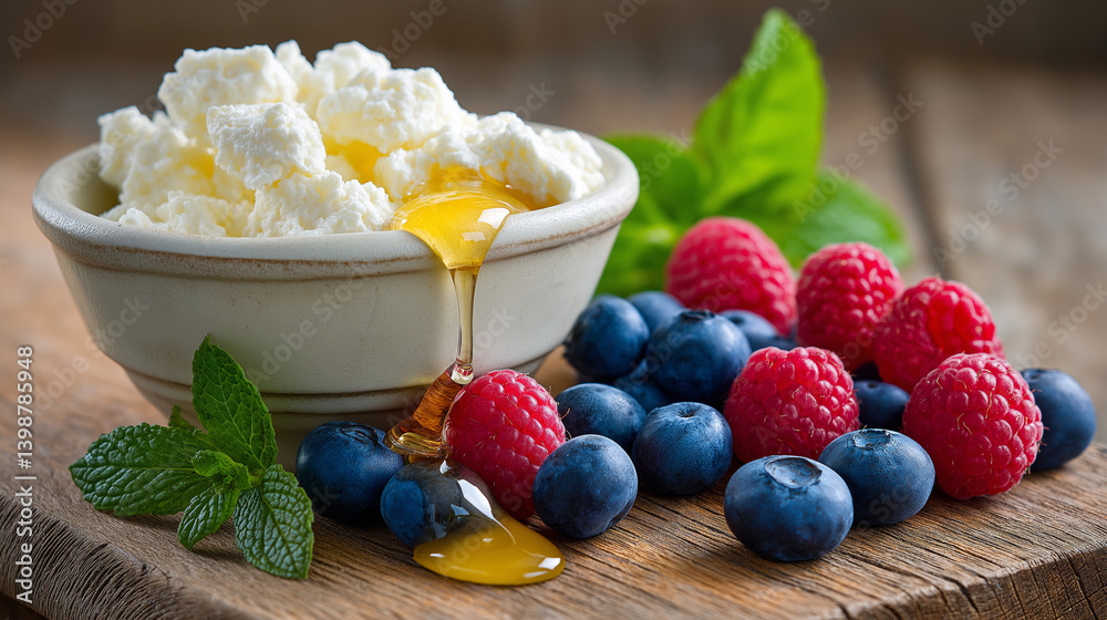 Fresh Curd Cheese with Blueberries and Raspberries in Natural Light