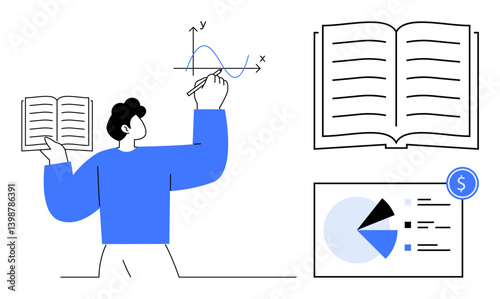 Person analyzing data, holding book while sketching graph, accompanied by open book and financial pie chart. Ideal for education, analytics, finance, research, study, learning data-driven concepts