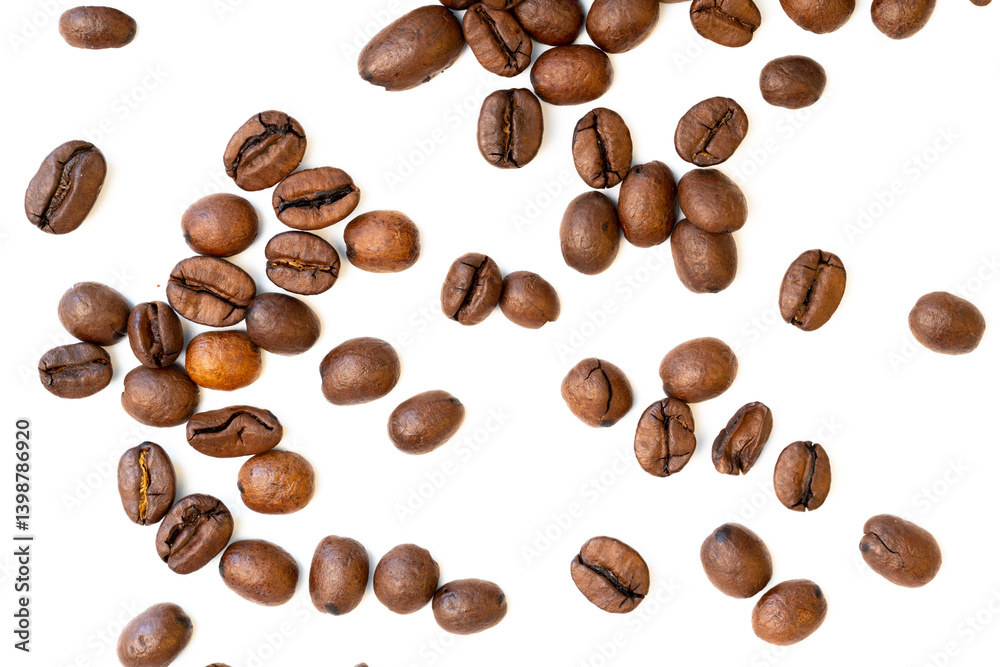 Scattered roasted coffee beans on a white background, creating a minimalistic and dynamic pattern for coffee-themed visuals or backgrounds.