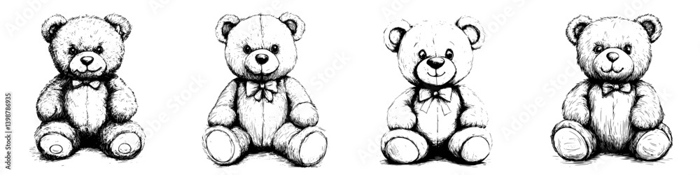Fototapeta premium Collection of four hand-drawn teddy bears showcasing different expressions and designs on a white background