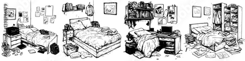 Various bedroom layouts showcasing organization and clutter in personal spaces