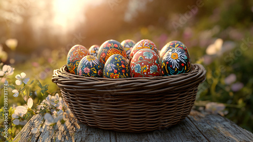 Basket with Easter egg outdoors on rustic table