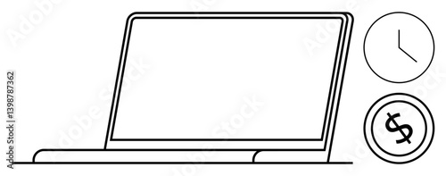 Minimalist design of laptop, clock, and dollar sign emphasizing time efficiency, productivity, and financial success. Ideal for workplace organization, budgeting, time management, freelancing remote