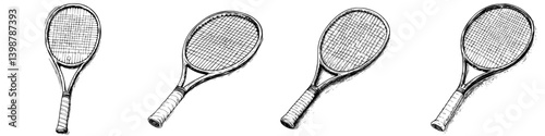 Set of four distinct tennis racquet sketches showcasing various perspectives and designs for artistic inspiration