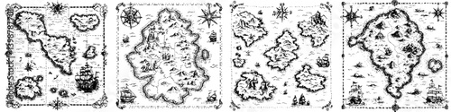 Vintage treasure maps depicting islands, ships, and hidden treasures in a nautical theme