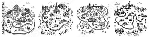 Detailed black and white illustration depicting a whimsical amusement park layout with rides and attractions