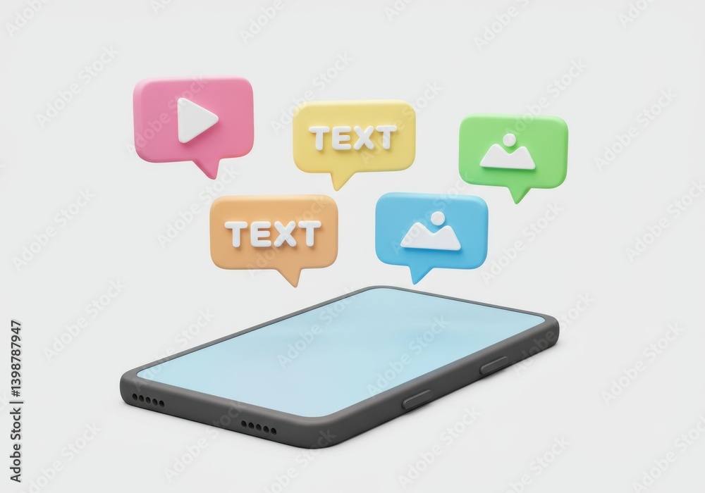 Smartphone with colorful message bubbles floating above it device isolated on white background Smartphone with colorful message bubbles floating above it device isolated on white background