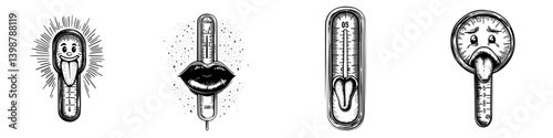 Creative thermometer illustrations showcasing a range of emotions and temperature indications in a playful style