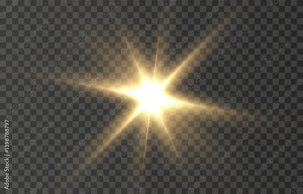 Vector light on isolated transparent background. Sun, rays of light png. Magic glow, golden light png.