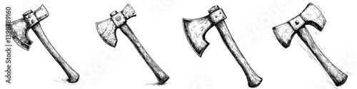 Different views of a hand axe showcasing various angles and details in a monochrome sketch style