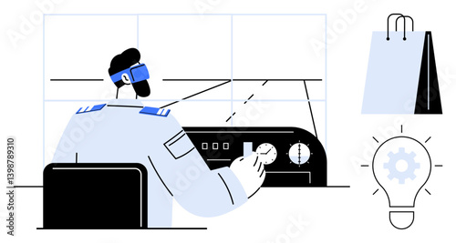 Pilot with VR headset operating cockpit simulation console. Shopping bag and light bulb suggest e-commerce, innovation, problem-solving. Ideal for technology, education, simulation, aviation, online