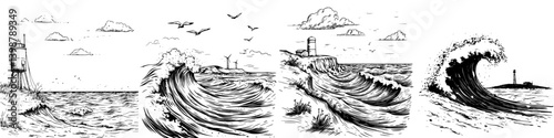 Coastal landscape showcasing dynamic waves, lighthouses, and birds in a black and white artistic style