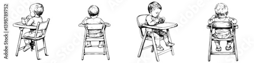 Toddlers sitting in high chairs engaging in different activities during mealtime in a cozy dining environment