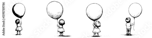 Children holding large balloons in a whimsical illustration capturing curiosity and innocence