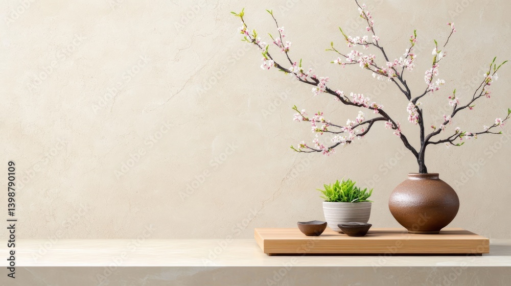 Minimalist still life with blossoming branch brown vase and green plant on cream background Minimalist still life with blossoming branch brown vase and green plant on cream background