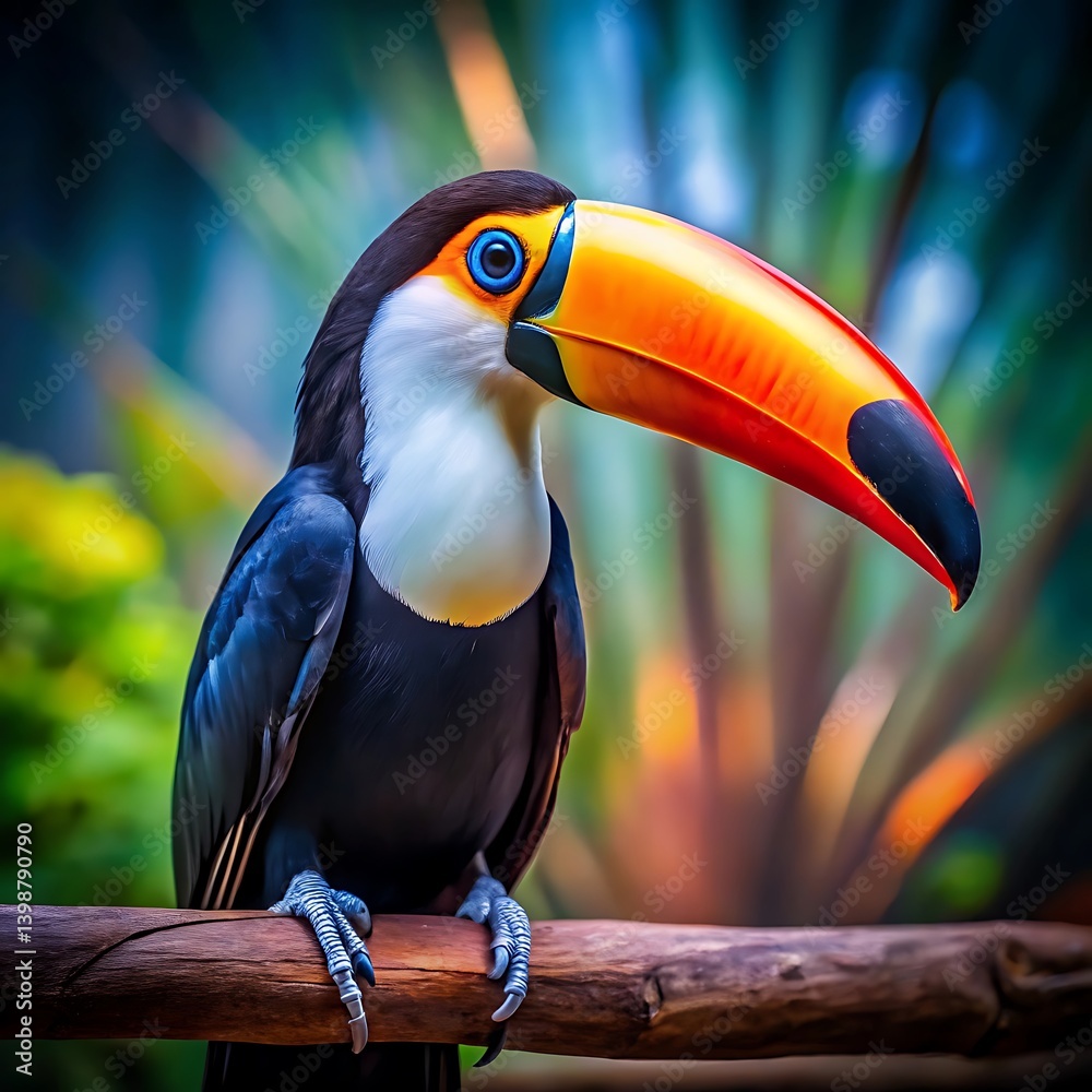 Fototapeta premium Majestic Toucan Perched on Branch with Vibrant Plumage and Bold Tropical Ambiance.