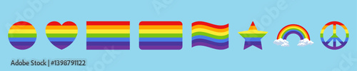 Lgbtq pride rainbow icons set. Heart, flag, wave, star, peace, and rainbow symbols in colorful stripes for diversity, equality, and love concepts. Vector style on blue background.
