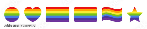 Rainbow pride icon set. LGBT Rainbow flag vector logo icon set. Heart, Round, Star, stripes, Waving styles. Colorful vector Illustration.