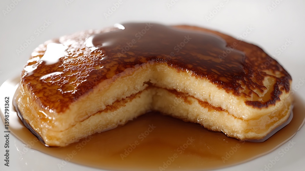 Rustic-style pancakes with a soft fluffy interior, coated in thick syrup that glistens under natural lighting on a pure white background. Rustic-style pancakes with a soft fluffy interior, coated in thick syrup that glistens under natural lighting on a pure white background.