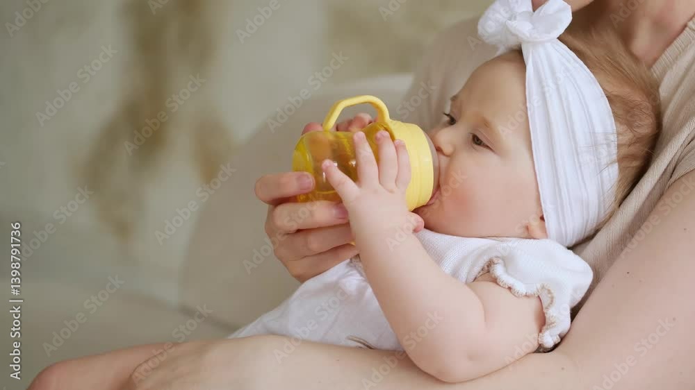 a mother feeds a baby from a bottle, a mother gives a small child water from a bottle while holding him in her arms at home