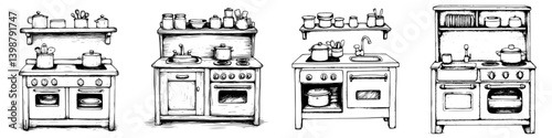Various kitchen designs showcasing cooking appliances and storage options in a rustic style
