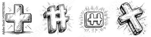 Decorative symbols of plus and hash signs sketched creatively on a textured background