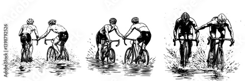 Cyclists navigate through muddy water while supporting each other during an intense race at a local competition in the early morning