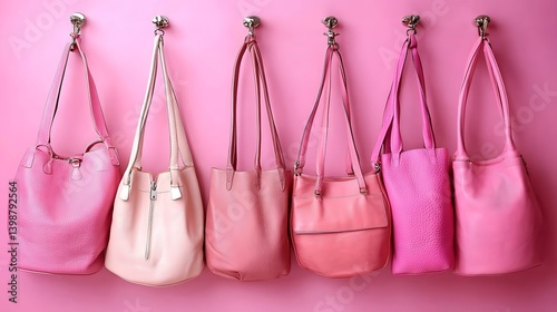A row of stylish pink handbags hanging on a pink wall.