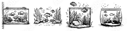 Illustrations of four distinct fish tanks showcasing aquatic life and underwater plants in various styles