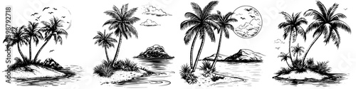 Tropical islands featuring palm trees, calm waters, and picturesque scenery at sunset