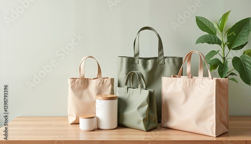 Stylish eco-friendly tote bags and containers on wooden table against soft green wall, modern minimalist aesthetic concept of sustainable lifestyle, home goods, or retail photo
