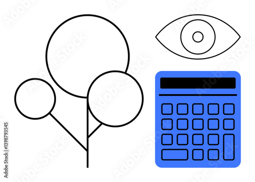 Abstract tree, calculator, and an eye represent eco-monitoring, resource assessment, and data-driven insights. Ideal for sustainability, environment, ecology, analysis efficiency awareness flat