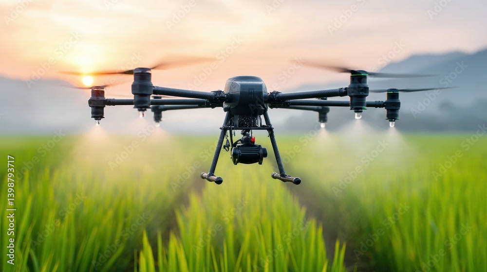 Drone spraying crops over green fields during a beautiful sunset, showcasing modern farming. Drone spraying crops over green fields during a beautiful sunset, showcasing modern farming.
