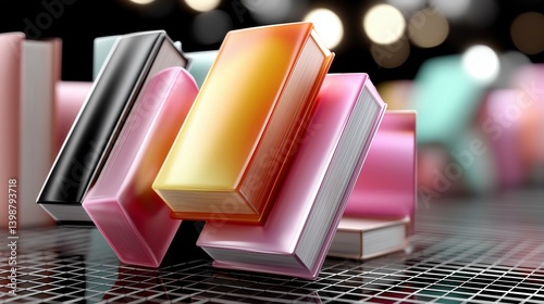 Colorful stacked books create a vibrant display in a cozy reading nook filled with soft light Generative AI