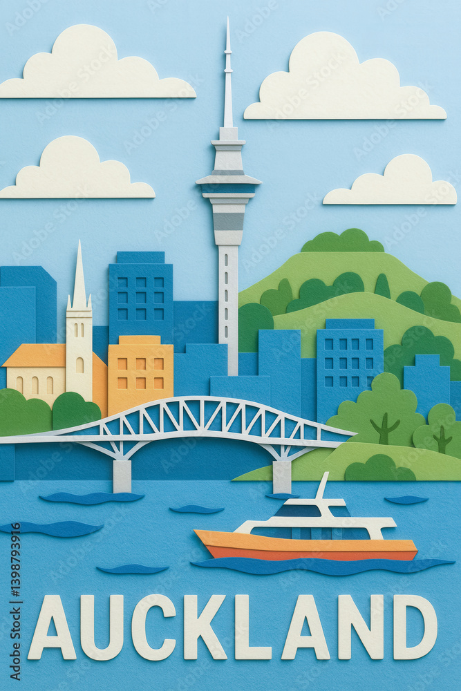 Naklejka premium Auckland cityscape illustration with skytower, harbour bridge, boat, and hills