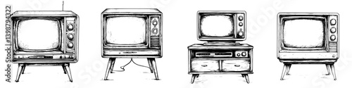Vintage television set designs showcasing various models from different eras, captured in black and white