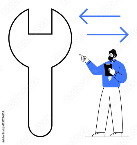 Large wrench symbol aligned with professional pointing at arrows while holding a tablet. Ideal for concepts thumbs up repair, teamwork, operations, guiding, engineering, training, strategy. Flat