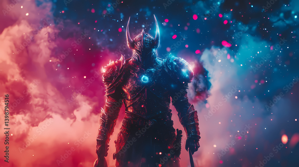 Naklejka premium Neon illuminated warrior in fantasy cosmic realm with archaic armor elements. Stellar Armor. Illustration