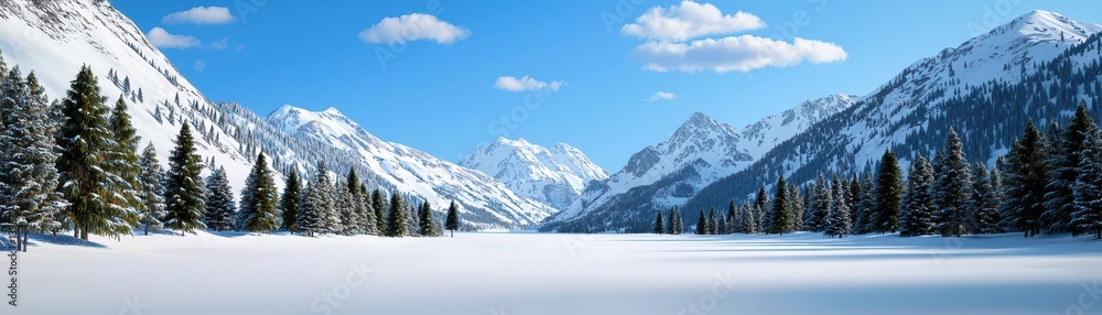 Winter wonderland adventure snow-covered mountains scenic landscape tranquil environment wide-angle viewpoint