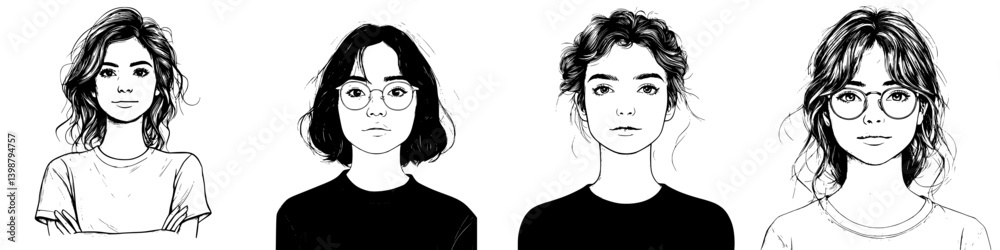 Young women showcasing diverse hairstyles and eyeglasses in a modern art style setting Young women showcasing diverse hairstyles and eyeglasses in a modern art style setting