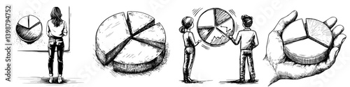 Business presentation on data analysis with pie charts as visual aids in a graphic style