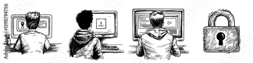 Young people engaged in online activities focused on security and privacy measures in a digital environment