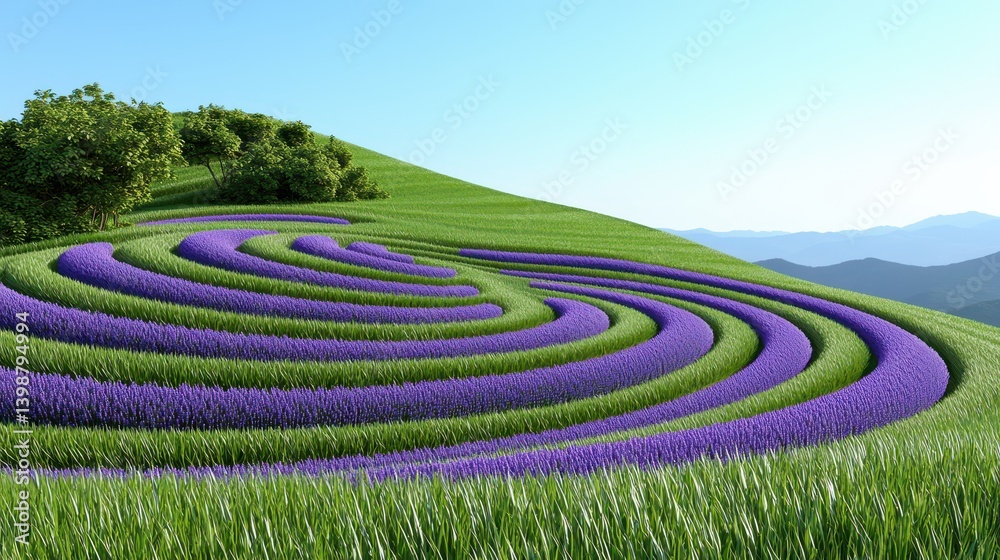 Lavender field spiral patterns scenic hillside nature photography serene landscape aerial view tranquil beauty
