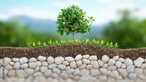 Growing green tree and plants in soil nature photography outdoor environment fresh perspective