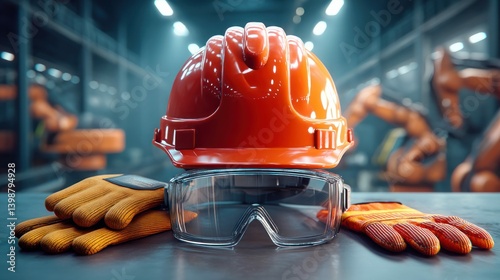 A safety ensemble with a hard hat, glasses, and gloves, ready for a day's work in an industrial environment.