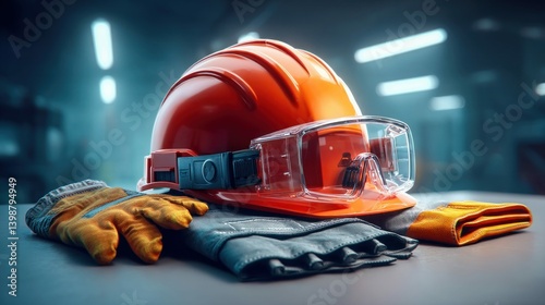 An orange hard hat and safety glasses sit with work gloves in an industrial environment.